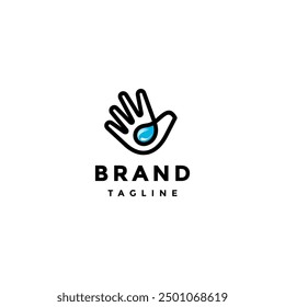Water Drops On Palm Lines Logo Design. Blue Water Icon In Open Hand Lines Logo Design.
