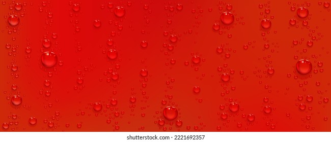 Water drops on red background. Realistic bubbles of soda drink or condensation abstract texture. Transparent aqua random droplets pattern on bright scarlet color surface 3d vector design, illustration