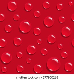 Water drops on red background seamless pattern. Vector background