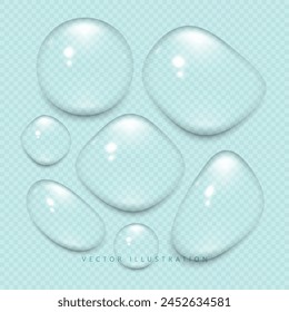 Gotas de agua en la superficie. Ilustración vectorial realista sobre un fondo transparente