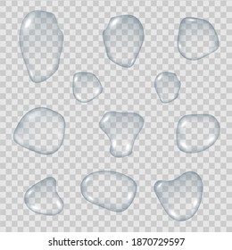Water drops on transparent background, Pure clear set, 3d realistic collection, editable elements. Vector illustration.