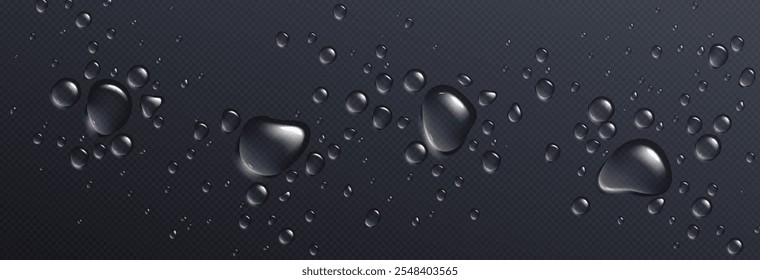 A água cai sobre um fundo transparente. Ilustração realista de vetor de janela molhada ou superfície de parede coberta com gotículas de chuva, efeito de sobreposição de spray de água, textura de bolhas de soro cosmético, condensação