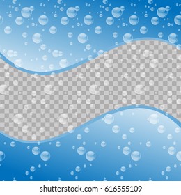 Water drops on transparent background. Blue pattern with water bubbles. Vector Illustration. Ecological environment background with place for your text. Graphic design.