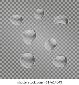Water drops on transparent background. Pattern with water bubbles. Vector Illustration. Ecological environment sign. Graphic design. Fashion modern design. Flat element.