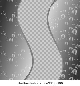Water drops on transparent background. Gray pattern with water bubbles. Vector Illustration. Ecological environment background with place for your text. Graphic design.