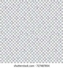 Water drops on transparent background. Translucent drop seamless pattern. Realistic design for wrapping paper, paper packaging, party invitations, greeting card. Vector illustration.