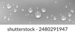 Water drops on wet surface. Vector realistic illustration of condensate, dew, cosmetic gel, serum, oil droplets, skin care product, transparent liquid bubbles, shower or bathroom wall design elements