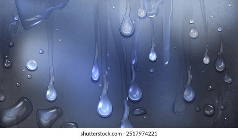 Water drops on wet surface. Vector realistic illustration of rain droplets, condensation dew, lotion spray on gray concrete wall, humid shower or bathroom glass, window during gloomy autumn rainfall