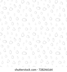 Water drops on white background. Transparent drop seamless pattern. Realistic design for wrapping paper, paper packaging, party invitations, greeting card. Vector illustration.