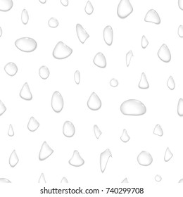 Water drops on white background. Transparent drop seamless pattern. Realistic design for wrapping paper, paper packaging, party invitations, greeting card. Vector illustration.