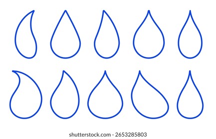 Contorno de gotas de água isolado em um fundo branco. Diferentes formas de gota. O traçado editável, a espessura da linha, pode ser alterado. Ícone linear, ilustração vetorial.