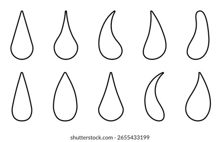 Wassertropfen-Umriss einzeln auf weißem Hintergrund. Verschiedene Tropfenformen. Bearbeitbarer Strich, Linienstärke kann geändert werden. Lineares Symbol, Vektorgrafik.
