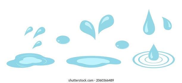 Gotas de agua y charcos. Gráficos vectoriales en estilo de dibujos animados