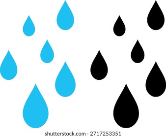gotas de água e gotas de chuva definido, vetor plano mínimo, azul preto