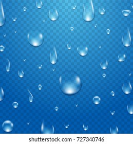 Water drops rain vector. Wet nature droplet on transparent glass. Realistic water background.