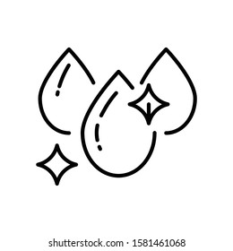 Water drops or raindrops isolated line icon, skin humidification vector. Dew or drip, pure organic drink and condensation, nature outline symbol. Shiny clear droplets, aqua splash, cleanliness