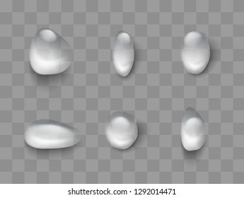 Water drops. Raindrops or showers, condensation on the glass. dew after rain. isolated on transparent background. Realistic drops of pure water thicken. Vector clear steam bubbles.