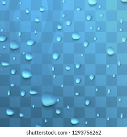 Water drops. Raindrops or showers, condensation on the glass. dew after rain. isolated on transparent background. Realistic drops of pure water thicken. Vector clear steam bubbles.
