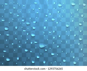 Water drops. Raindrops or showers, condensation on the glass. dew after rain. isolated on transparent background. Realistic drops of pure water thicken. Vector clear steam bubbles.