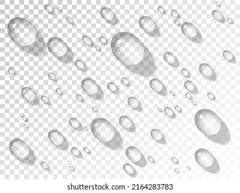 Water Drops. Realistic Droplets On Transparent Background. Bubbles With Shadow On Glass. Wet Window Effect. Rain Or Shower Concept. Pure Dew Drops. Vector Illustration.