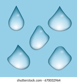 Water drops realistic. Iolated on blue vector.