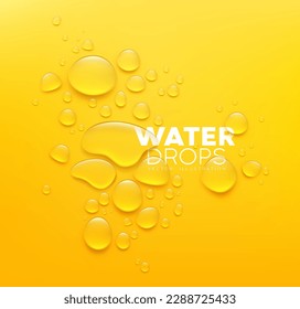 Water drops realistic, poster design on yellow background, Eps 10 vector illustration
