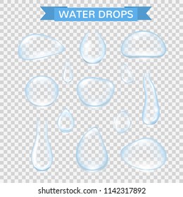 Water drops. Realistic water rain drops set isolated on transparent background. Vector pure water bubbles on window glass surface. Vector illustration.