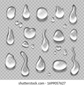 Water drops realistic set Transparent rain drips, condensation bubbles surface isolated vector