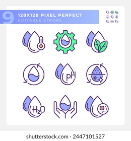 Water drops RGB color icons set. Water molecule and composition. Ph balance. Water purity. Isolated vector illustrations. Simple filled line drawings collection. Editable stroke. Pixel perfect