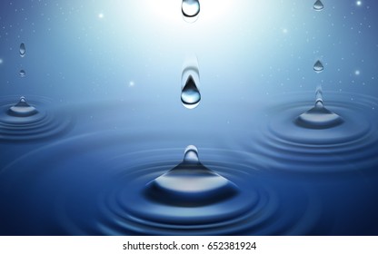 Wassertropfen und Äpfel auf blauem Hintergrund, 3D-Illustration
