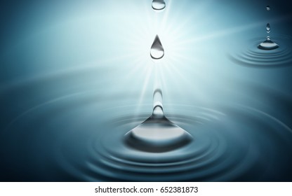 water drops and ripples cerulean background in 3d illustration