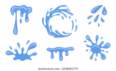 Water drops, sea and ocean waves set. Blue Liquid elements, cry droplet icons collection of splashes and fluid. Vector illustration isolated on white background