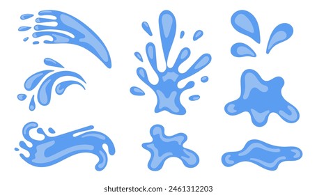 Water drops, sea and ocean waves set. Blue Liquid elements, cry droplet icons collection of splashes and fluid. Vector illustration isolated on white background