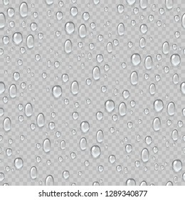 Water drops seamless pattern. Rain droplets on window fogged glass. Fresh drop raindrops. Condensation watering isolated vector texture