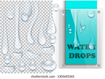 Water drops set. 3D realistic transparent stains and splashes of rain. Glass bar for design concept. Vector illustration