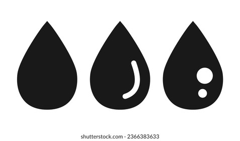 Water drops set. Black flat icons of raindrops isolated on white background. Vector clipart.