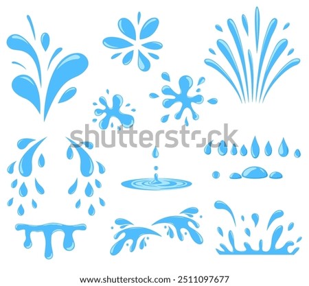 Water drops set. Cartoon tears, nature splash elements or oil drops. Isolated on white background. Dripping liquid. Water spill. Aqua drop element. 