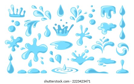 El agua cae. Conjunto de gotas actuales, olas, lágrimas, spray, salpicaduras naturales aisladas en fondo blanco. Derrame líquido. Derrame de agua. Elemento de caída de Aqua. Dibujo vectorial plano de dibujos animados