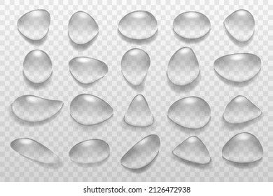 Water drops set different shapes on transparent background. Realistic vector with glass sphere, raindrop, condensation. Design for poster, banner, concept