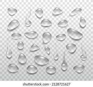 Las gotas de agua establecen diferentes formas en un fondo transparente. Vector realista con esfera de vidrio, gotas de lluvia, condensación. Diseño para afiches, pancartas, concepto