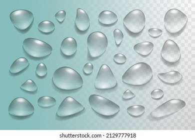 Water drops set different shapes on transparent background. Realistic vector with glass sphere, raindrop, condensation. Design for poster, banner, concept