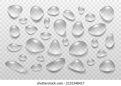 Water drops set different shapes on transparent background. Realistic vector with glass sphere, raindrop, condensation. Design for poster, banner, concept