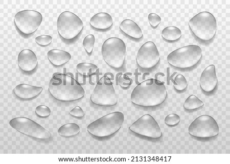 Water drops set different shapes on transparent background. Realistic vector with glass sphere, raindrop, condensation. Design for poster, banner, concept