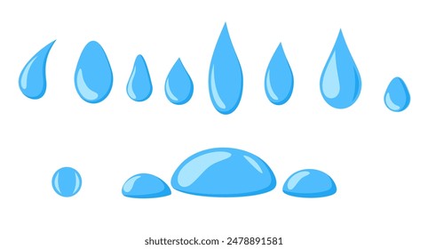 Water drops set. Water drop shape. Isolated raindrop or sweat, wet droplets of dew shapes. Isolated aqua vector icons. Vector illustration.