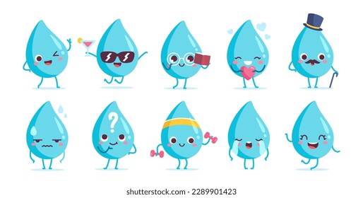 Water drops set. Fluid collection with sunglasses, book, dumbbells and heart. Cute aqua characters. Stickers for social networks. Cartoon flat vector illustrations isolated on white background