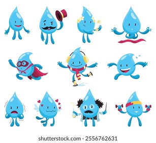 Water drops set. Fluid collection with sunglasses, book, dumbbells and heart. Cute aqua characters. Stickers for social networks. Cartoon flat vector illustrations isolated on white background