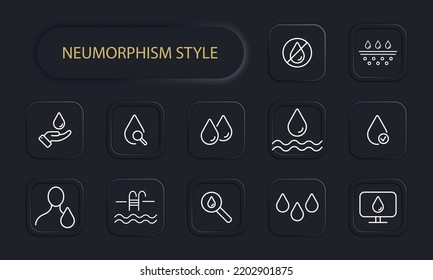 Wassertropfen setzen Symbol. Reinigen, trinken, Regen, Hautpflege, Getränke, sparen Sie das Wasser, Schwimmbad, Ökologie, Befeuchtung. Naturkonzept. Neomorphismus-Stil. Vektorsymbol für Unternehmen und Werbung
