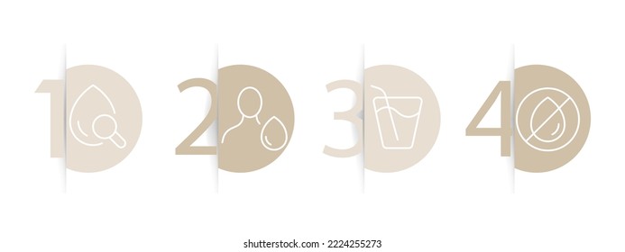 Icono de juego de gotas de agua. Limpio, hombre, marca de verificación, lupa, mano, preocupación por la naturaleza, salvar el planeta. Concepto de ecología. Escala de tiempo de infografía. Fondo de color Pastel