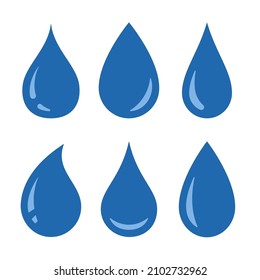 El agua deja caer el conjunto de colecciones de iconos para la aplicación, logotipo o web aislados en blanco. Agua plana y azul simple cayendo, o gota de lluvia. Condensación de ducha de vapor en una superficie vertical. Ilustración del vector 