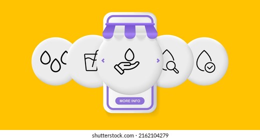 Water drops set icon. Drink, glass and straw, hand, liquid, magnifying glass, tick, approved, quality, save, clean. Ecology concept. UI phone app screen. Vector line icon for Business and Advertising.
